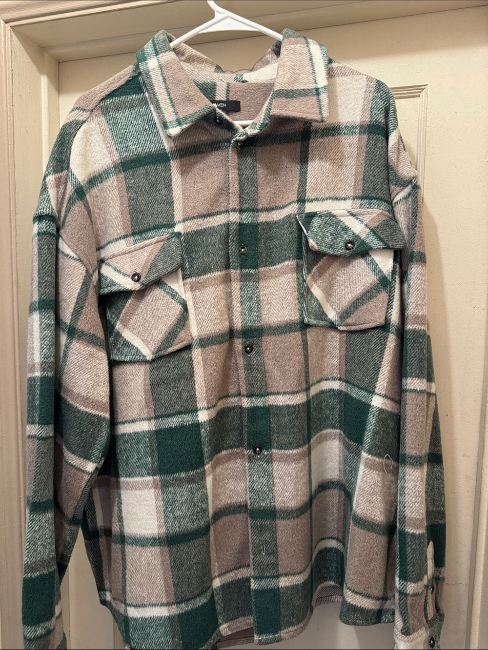 Men's Green and Cream Plaid Button-Up Sweater Jacket
